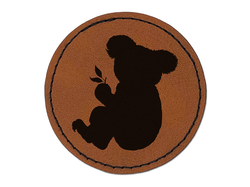 Koala with Leaves Solid Round Iron-On Engraved Faux Leather Patch Applique - 2.5"