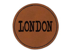 London Fun Text Round Iron-On Engraved Faux Leather Patch Applique - 2.5"