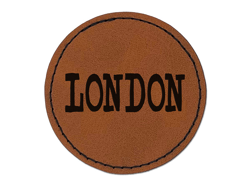 London Fun Text Round Iron-On Engraved Faux Leather Patch Applique - 2.5"