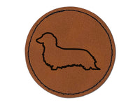 Long Haired Dachshund Dog Outline Round Iron-On Engraved Faux Leather Patch Applique - 2.5"