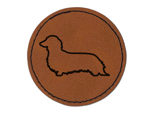 Long Haired Dachshund Dog Outline Round Iron-On Engraved Faux Leather Patch Applique - 2.5"