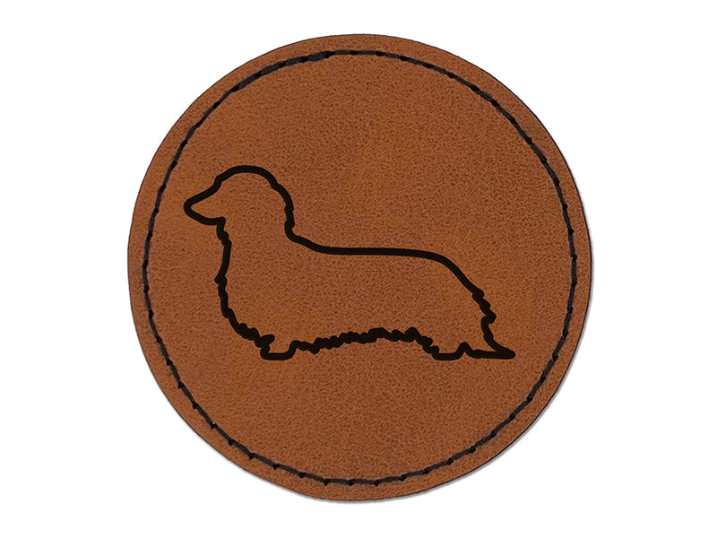 Long Haired Dachshund Dog Outline Round Iron-On Engraved Faux Leather Patch Applique - 2.5"