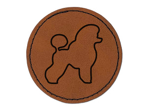 Miniature Poodle Dog Outline Round Iron-On Engraved Faux Leather Patch Applique - 2.5"