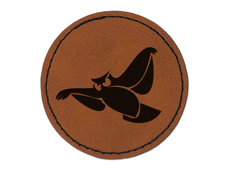 Owl Flying Bird Doodle Round Iron-On Engraved Faux Leather Patch Applique - 2.5"