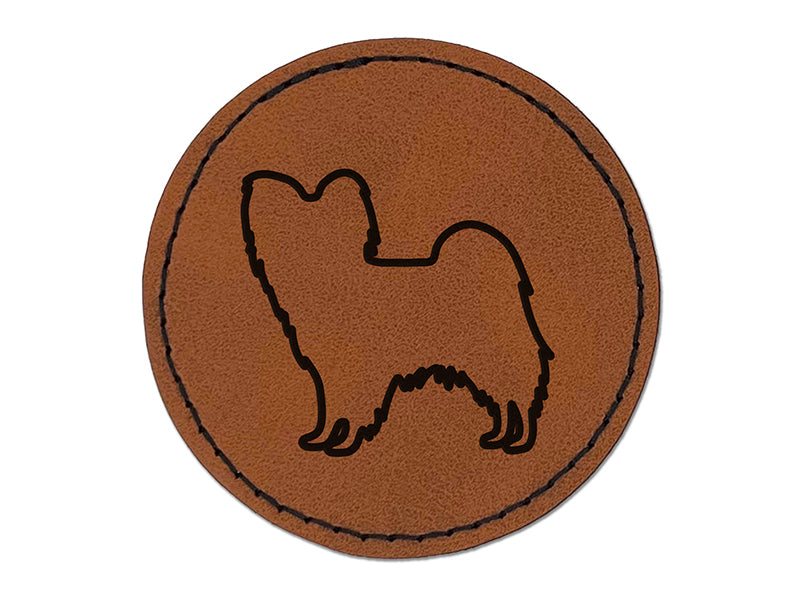 Papillon Continental Toy Spaniel Dog Outline Round Iron-On Engraved Faux Leather Patch Applique - 2.5"