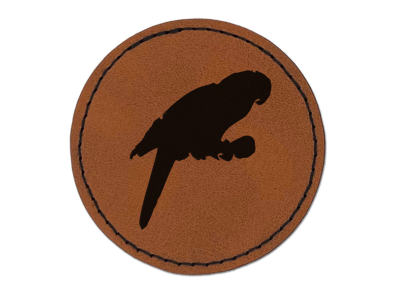 Parrot on Branch Bird Sketch Solid Round Iron-On Engraved Faux Leather Patch Applique - 2.5"