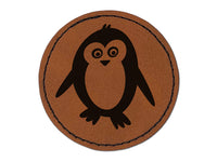 Peaky Penguin Doodle Round Iron-On Engraved Faux Leather Patch Applique - 2.5"