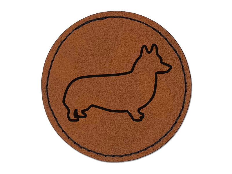 Pembroke Welsh Corgi Dog Outline Round Iron-On Engraved Faux Leather Patch Applique - 2.5"