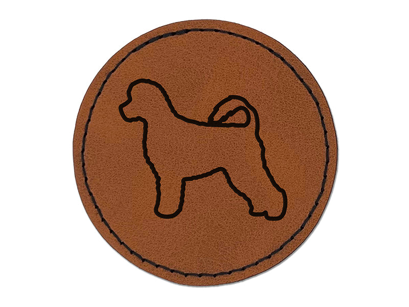 Portuguese Water Dog Outline Round Iron-On Engraved Faux Leather Patch Applique - 2.5"