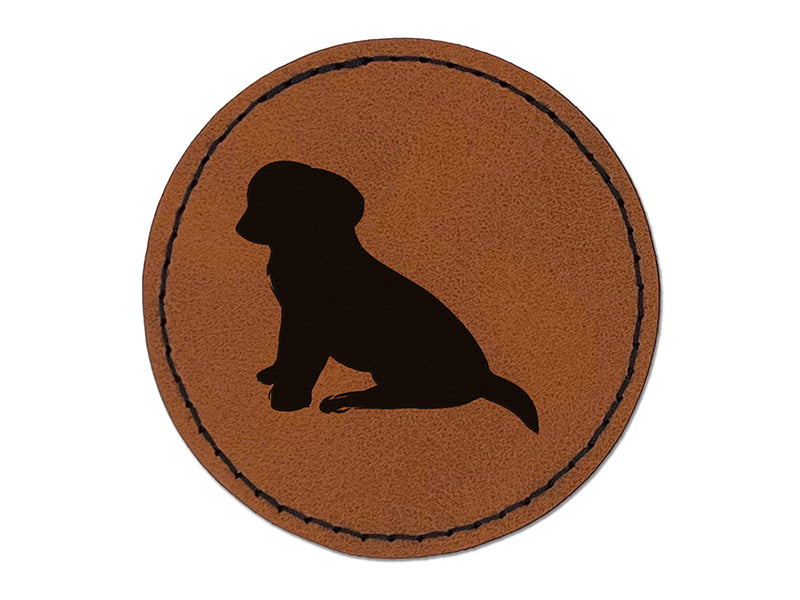 Puppy Dog Sitting Solid Round Iron-On Engraved Faux Leather Patch Applique - 2.5"