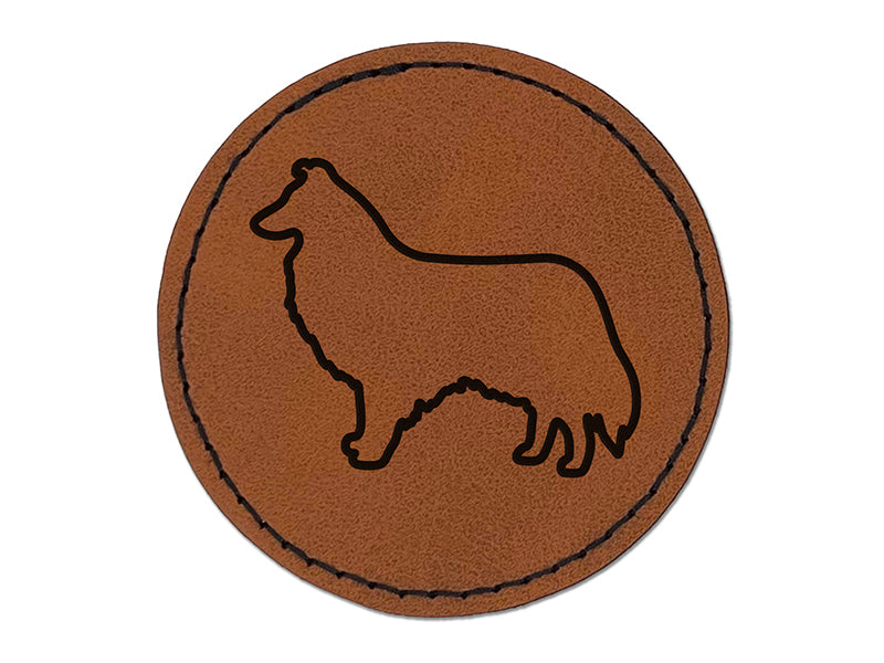 Rough Collie Dog Outline Round Iron-On Engraved Faux Leather Patch Applique - 2.5"