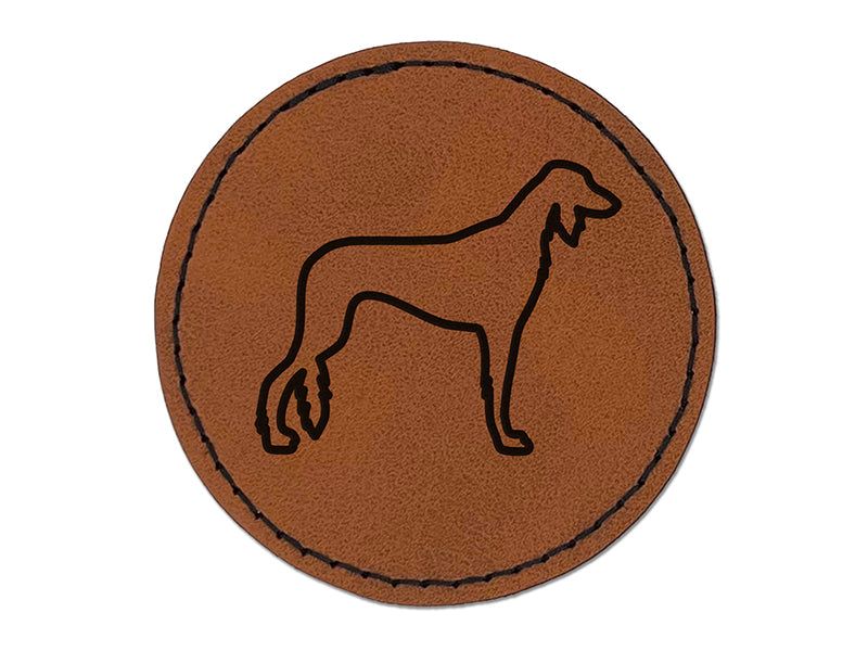 Saluki Dog Outline Round Iron-On Engraved Faux Leather Patch Applique - 2.5"