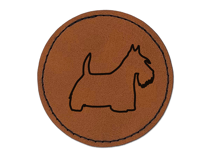 Scottish Terrier Scottie Dog Outline Round Iron-On Engraved Faux Leather Patch Applique - 2.5"