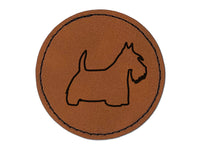 Scottish Terrier Scottie Dog Outline Round Iron-On Engraved Faux Leather Patch Applique - 2.5"