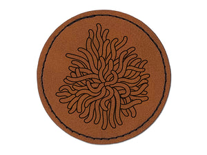 Sea Anemone Outline Ocean Life Round Iron-On Engraved Faux Leather Patch Applique - 2.5"