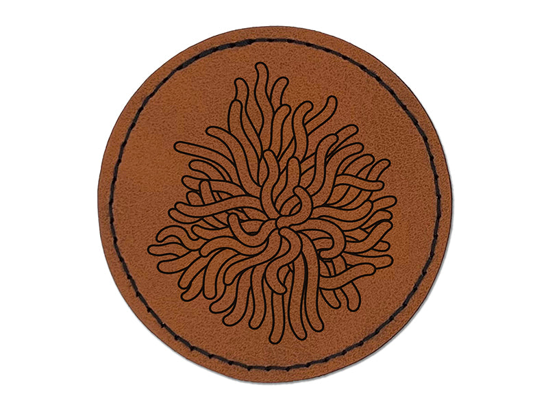 Sea Anemone Outline Ocean Life Round Iron-On Engraved Faux Leather Patch Applique - 2.5"