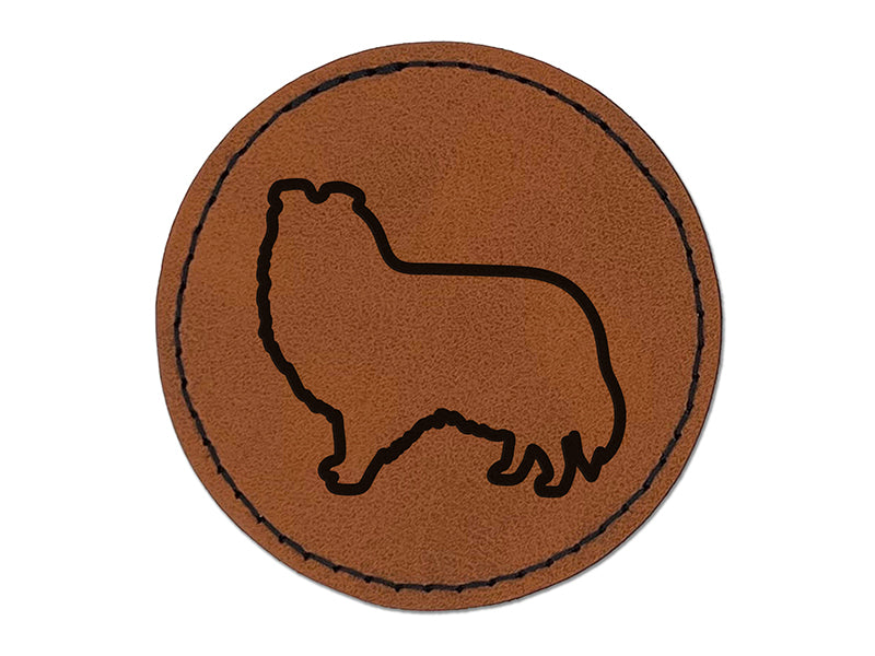Shetland Sheepdog Sheltie Dog Outline Round Iron-On Engraved Faux Leather Patch Applique - 2.5"