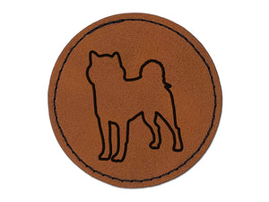 Shiba Inu Dog Outline Round Iron-On Engraved Faux Leather Patch Applique - 2.5"