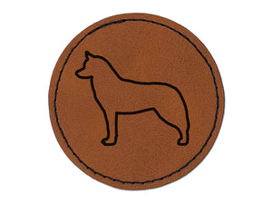 Siberian Husky Dog Outline Round Iron-On Engraved Faux Leather Patch Applique - 2.5"