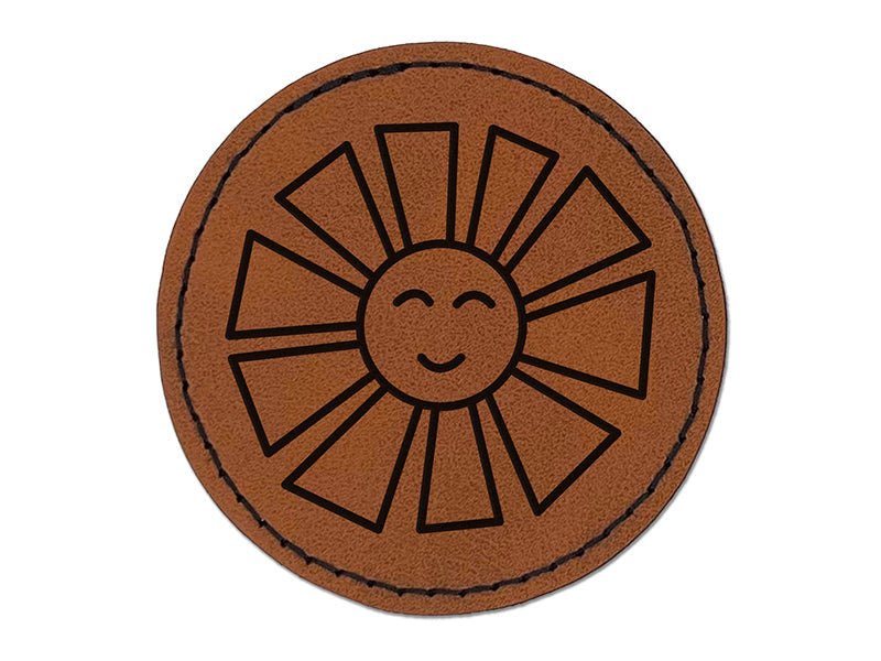 Smiling Sunshine Round Iron-On Engraved Faux Leather Patch Applique - 2.5"