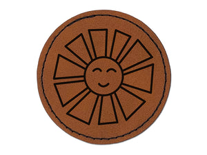 Smiling Sunshine Round Iron-On Engraved Faux Leather Patch Applique - 2.5"