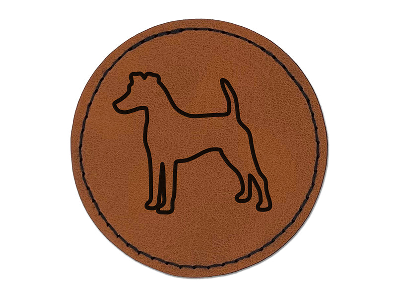Smooth Fox Terrier Dog Outline Round Iron-On Engraved Faux Leather Patch Applique - 2.5"
