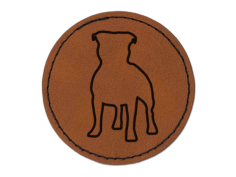 Staffordshire Bull Terrier Dog Outline Round Iron-On Engraved Faux Leather Patch Applique - 2.5"