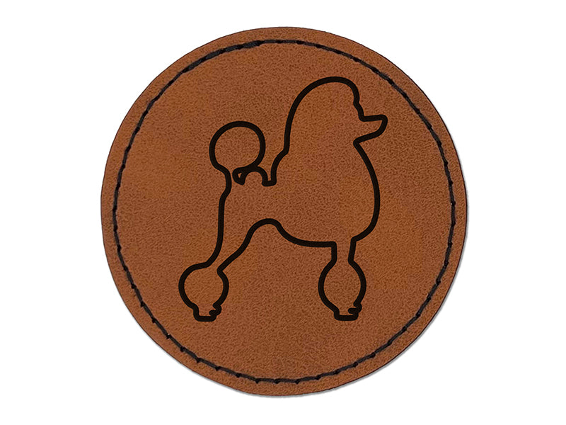 Standard Poodle Dog Outline Round Iron-On Engraved Faux Leather Patch Applique - 2.5"
