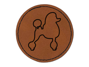 Standard Poodle Dog Outline Round Iron-On Engraved Faux Leather Patch Applique - 2.5"