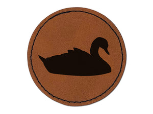 Swan Swimming Solid Round Iron-On Engraved Faux Leather Patch Applique - 2.5"