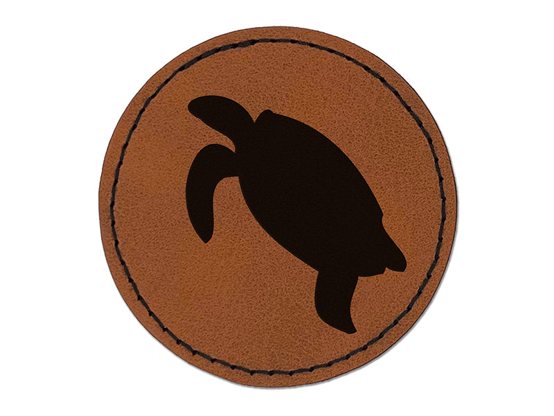 Turtle Swimming Solid Round Iron-On Engraved Faux Leather Patch Applique - 2.5"