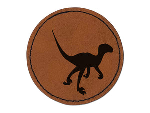 Velociraptor Dinosaur Solid Round Iron-On Engraved Faux Leather Patch Applique - 2.5"