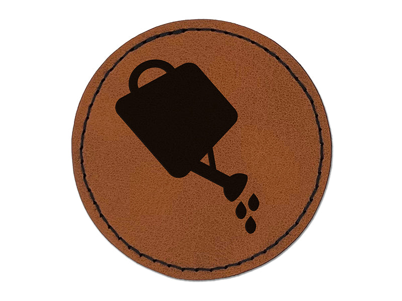 Watering Can Gardening Plants Solid Round Iron-On Engraved Faux Leather Patch Applique - 2.5"