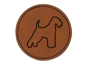 Welsh Terrier Dog Outline Round Iron-On Engraved Faux Leather Patch Applique - 2.5"