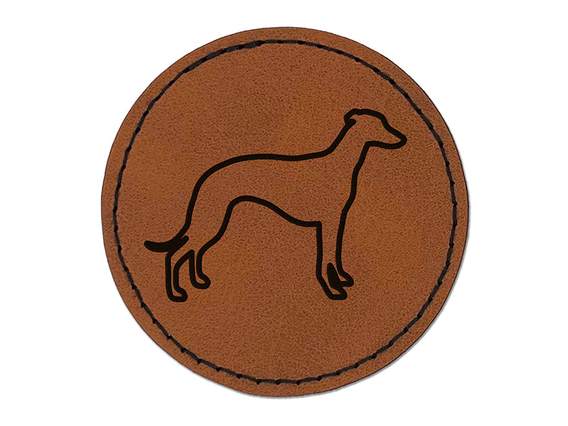 Whippet Dog Outline Round Iron-On Engraved Faux Leather Patch Applique - 2.5"