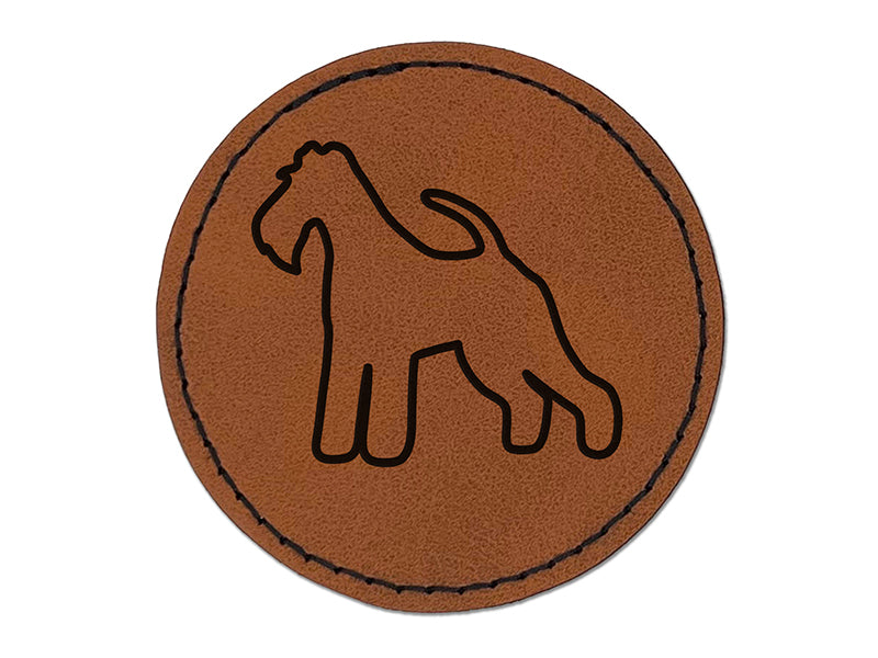 Wire Hair Fox Terrier Dog Outline Round Iron-On Engraved Faux Leather Patch Applique - 2.5"