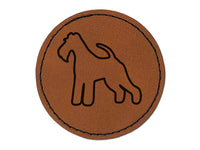 Wire Hair Fox Terrier Dog Outline Round Iron-On Engraved Faux Leather Patch Applique - 2.5"