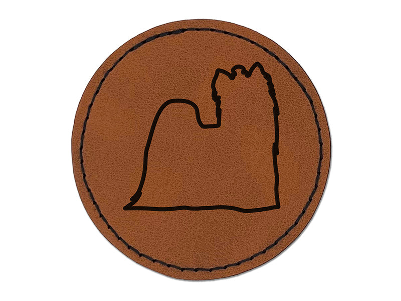 Yorkie Yorkshire Terrier Dog Outline Round Iron-On Engraved Faux Leather Patch Applique - 2.5"