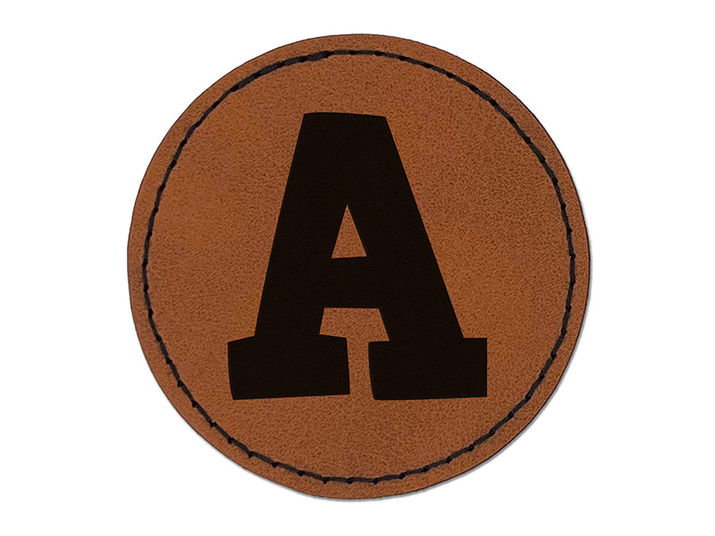 Letter A Uppercase Fun Bold Font Round Iron-On Engraved Faux Leather Patch Applique - 2.5"