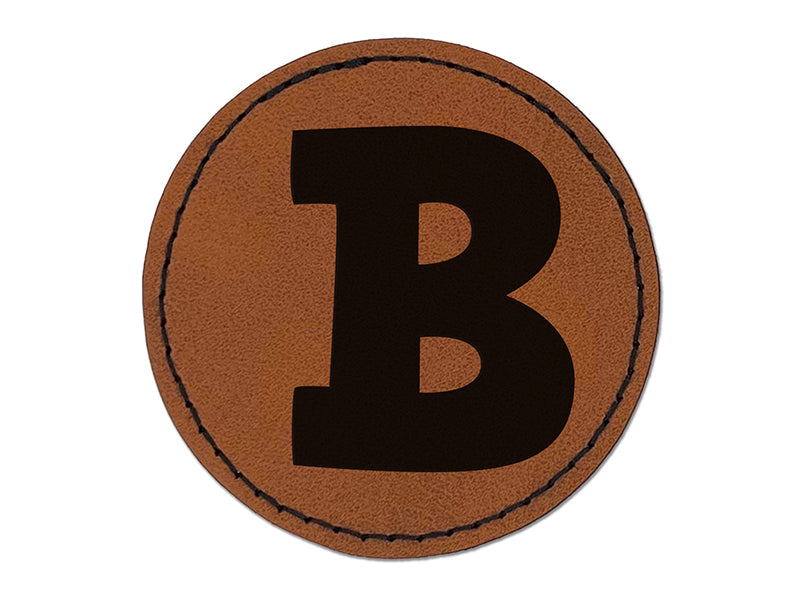 Letter B Uppercase Fun Bold Font Round Iron-On Engraved Faux Leather Patch Applique - 2.5"