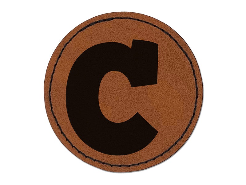 Letter C Uppercase Fun Bold Font Round Iron-On Engraved Faux Leather Patch Applique - 2.5"