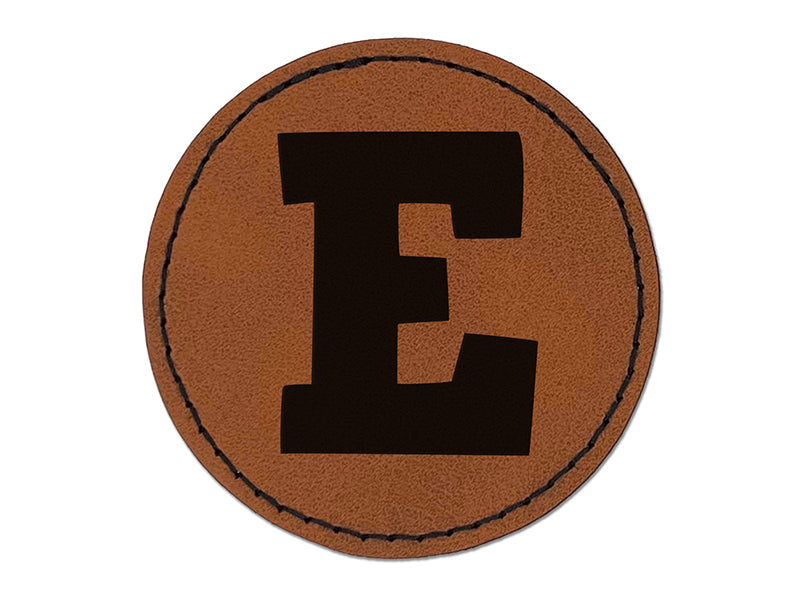 Letter E Uppercase Fun Bold Font Round Iron-On Engraved Faux Leather Patch Applique - 2.5"