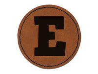 Letter E Uppercase Fun Bold Font Round Iron-On Engraved Faux Leather Patch Applique - 2.5"
