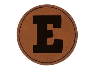Letter E Uppercase Fun Bold Font Round Iron-On Engraved Faux Leather Patch Applique - 2.5"