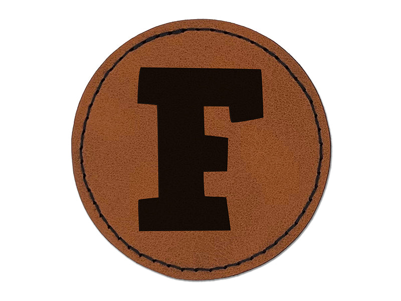 Letter F Uppercase Fun Bold Font Round Iron-On Engraved Faux Leather Patch Applique - 2.5"