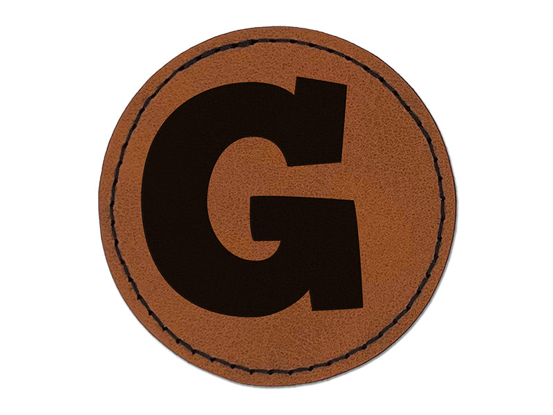 Letter G Uppercase Fun Bold Font Round Iron-On Engraved Faux Leather Patch Applique - 2.5"