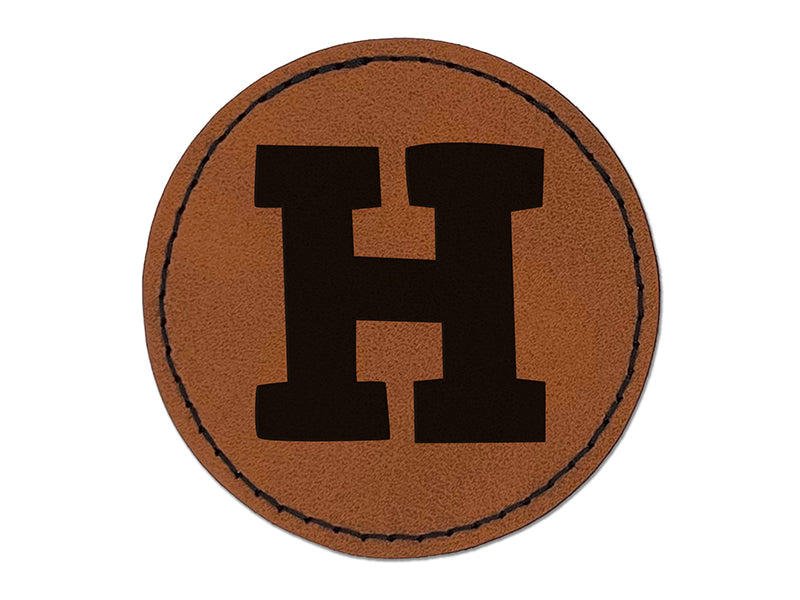 Letter H Uppercase Fun Bold Font Round Iron-On Engraved Faux Leather Patch Applique - 2.5"