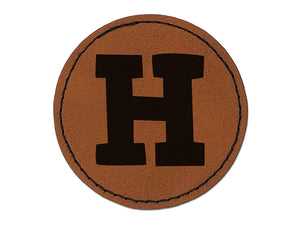 Letter H Uppercase Fun Bold Font Round Iron-On Engraved Faux Leather Patch Applique - 2.5"