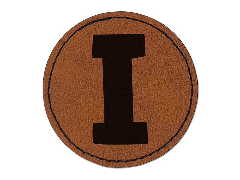 Letter I Uppercase Fun Bold Font Round Iron-On Engraved Faux Leather Patch Applique - 2.5"