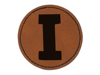 Letter I Uppercase Fun Bold Font Round Iron-On Engraved Faux Leather Patch Applique - 2.5"